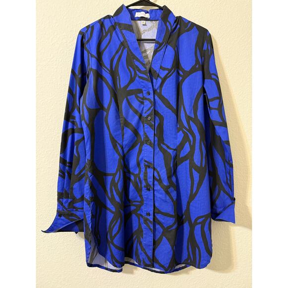 Abstract Print Button Down Tunic Women M Top Flip Cuff Long Sleeve Dressy Blouse - Picture 1 of 9